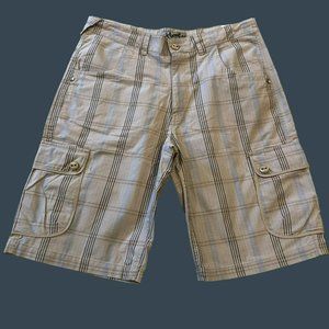 Mens Sz 34 Lightweight Cargo Shorts 12" Tan Plaid Adjustable Drawstring Waist HR